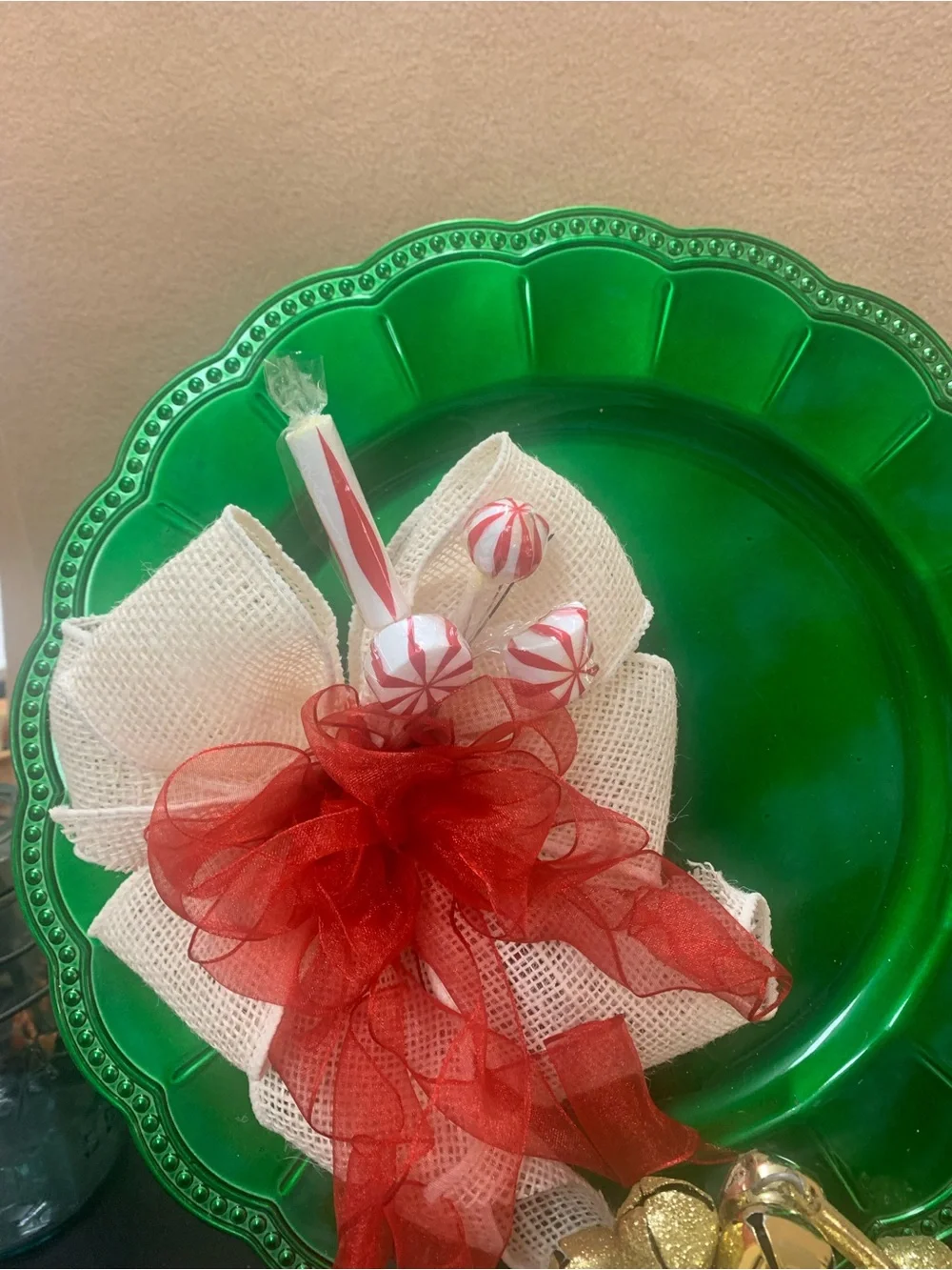 Festive Green Decorative Plate with Gold Mini Bell Wreath and sign. Inv 580